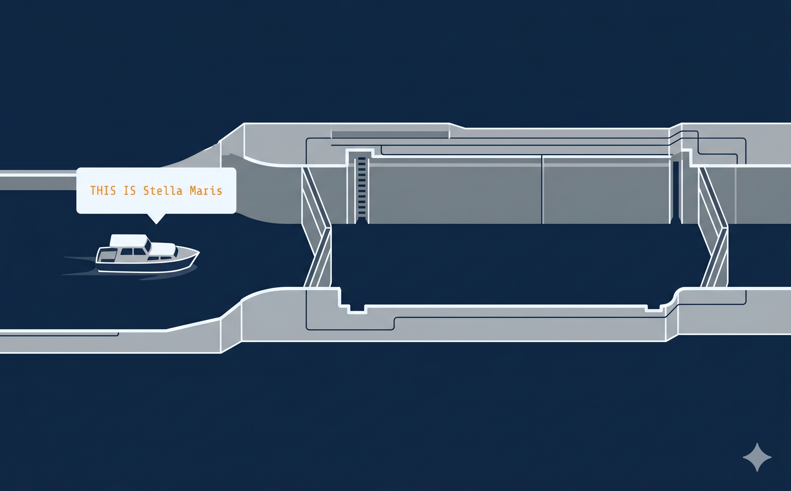 Illustration eines Binnenschiffs an einer europäischen Schleuse mit Funkspruch-Sprechblase